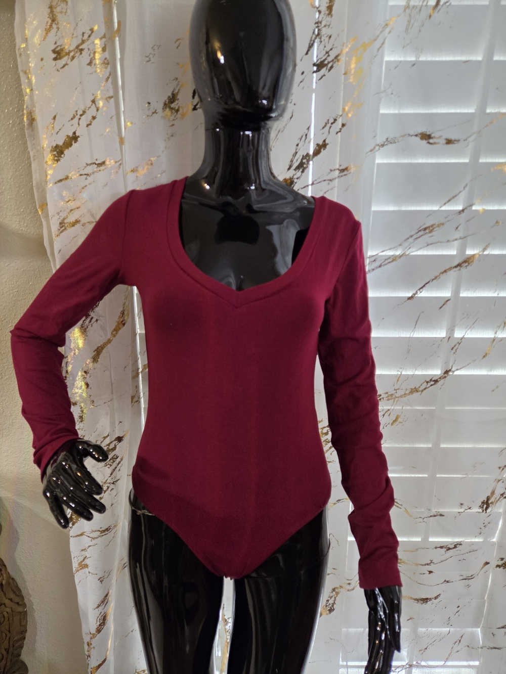 Mango Deep Burgundy V-Neck Long Sleeve Bodysuit SMALL